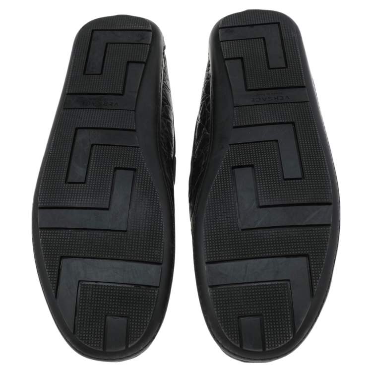 Pre Owned Versace Black Croc Embossed Leather Medusa Slip on Loafers Size 46