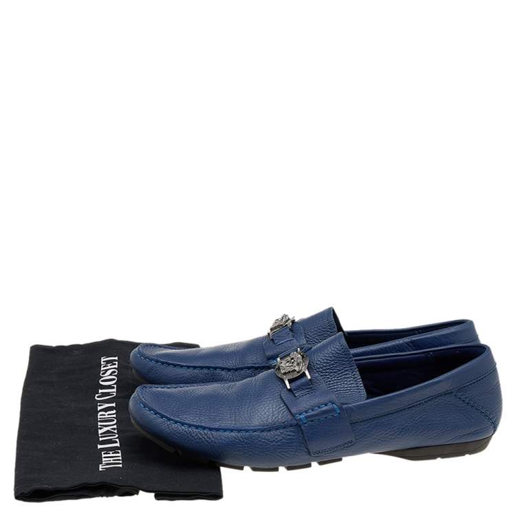 Pre Owned Versace Blue Leather Medusa Embellished Slip On Loafers Size 45