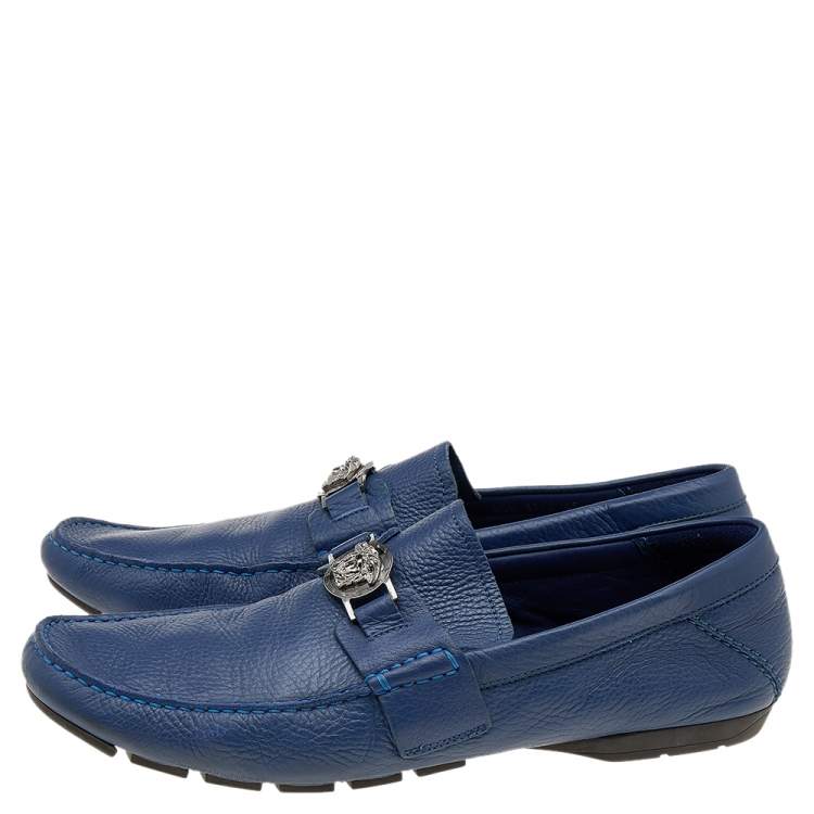 Pre Owned Versace Blue Leather Medusa Embellished Slip On Loafers Size 45
