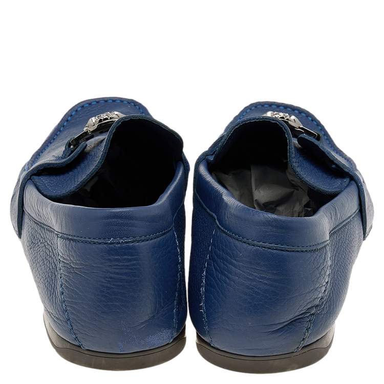 Pre Owned Versace Blue Leather Medusa Embellished Slip On Loafers Size 45