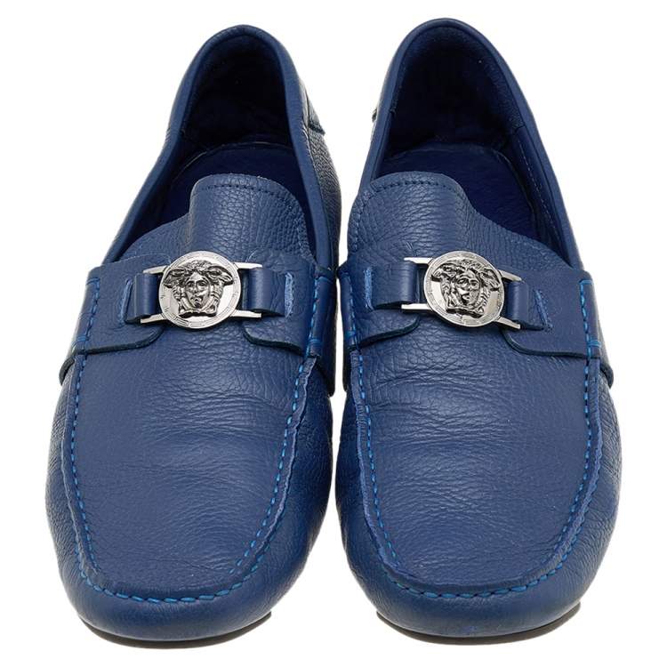 Pre Owned Versace Blue Leather Medusa Embellished Slip On Loafers Size 45