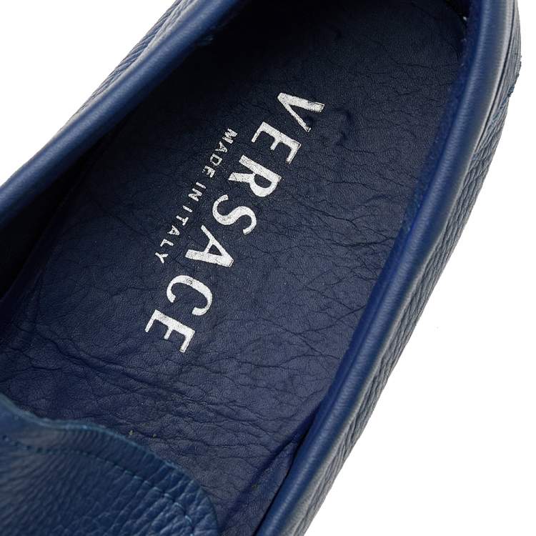 Pre Owned Versace Blue Leather Medusa Embellished Slip On Loafers Size 45