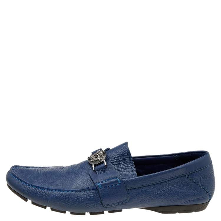 Pre Owned Versace Blue Leather Medusa Embellished Slip On Loafers Size 45