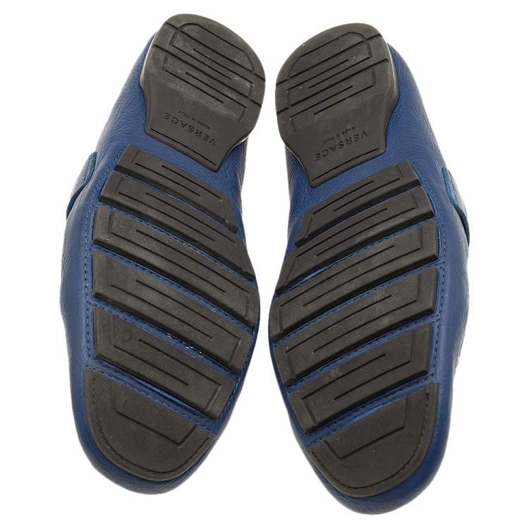 Pre Owned Versace Blue Leather Medusa Embellished Slip On Loafers Size 45