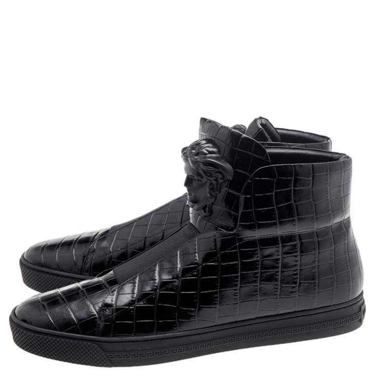 Pre Owned Versace Black Croc Embossed Leather Palazzo Medusa High Top Sneakers Size 44