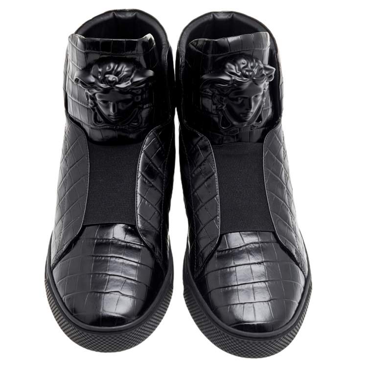 Pre Owned Versace Black Croc Embossed Leather Palazzo Medusa High Top Sneakers Size 44