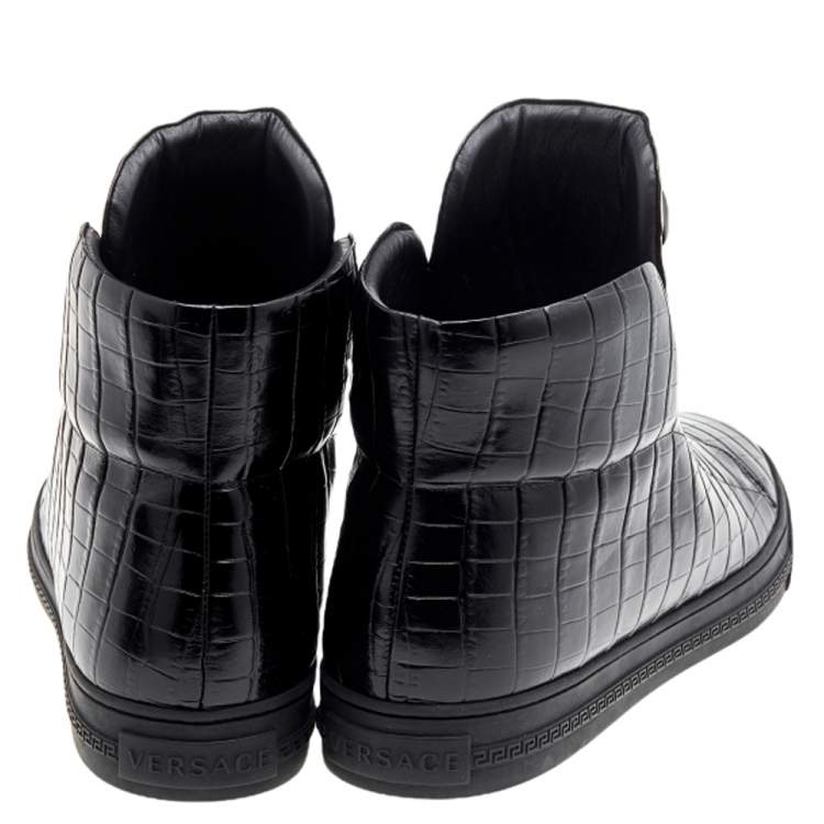 Pre Owned Versace Black Croc Embossed Leather Palazzo Medusa High Top Sneakers Size 44