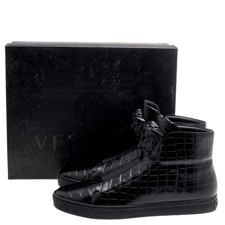 Pre Owned Versace Black Croc Embossed Leather Palazzo Medusa High Top Sneakers Size 44