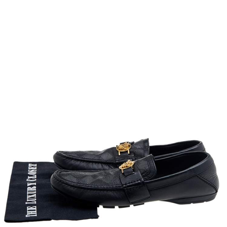 Pre Owned Versace Black Leather And Monogram Fabric Medusa Slip On Loafers Size 44