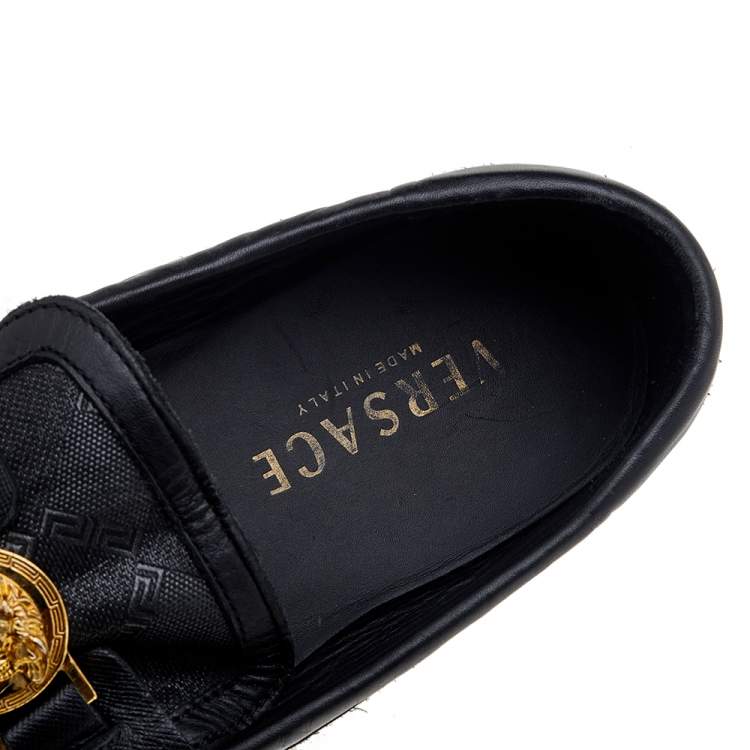 Pre Owned Versace Black Leather And Monogram Fabric Medusa Slip On Loafers Size 44