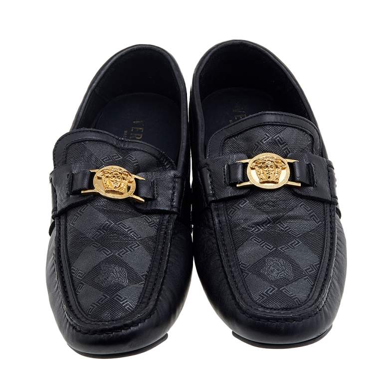 Pre Owned Versace Black Leather And Monogram Fabric Medusa Slip On Loafers Size 44
