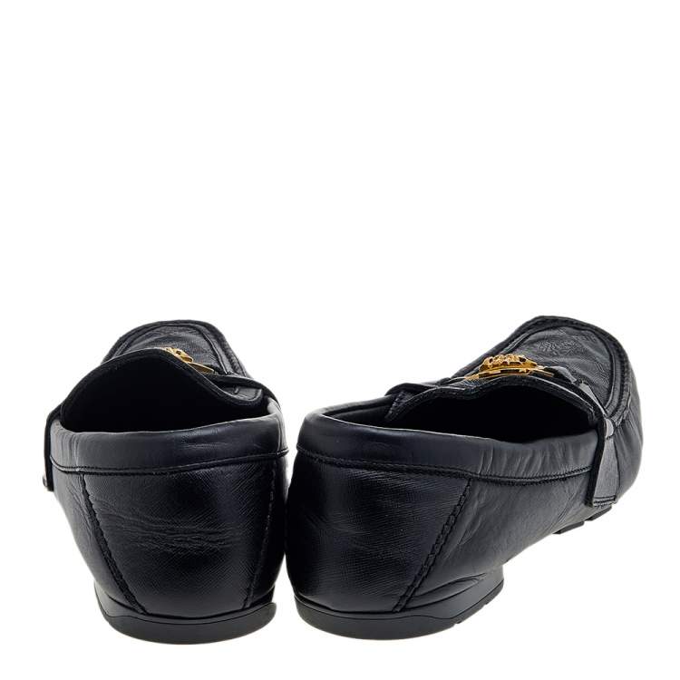 Pre Owned Versace Black Leather And Monogram Fabric Medusa Slip On Loafers Size 44