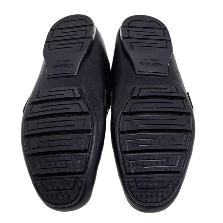 Pre Owned Versace Black Leather And Monogram Fabric Medusa Slip On Loafers Size 44