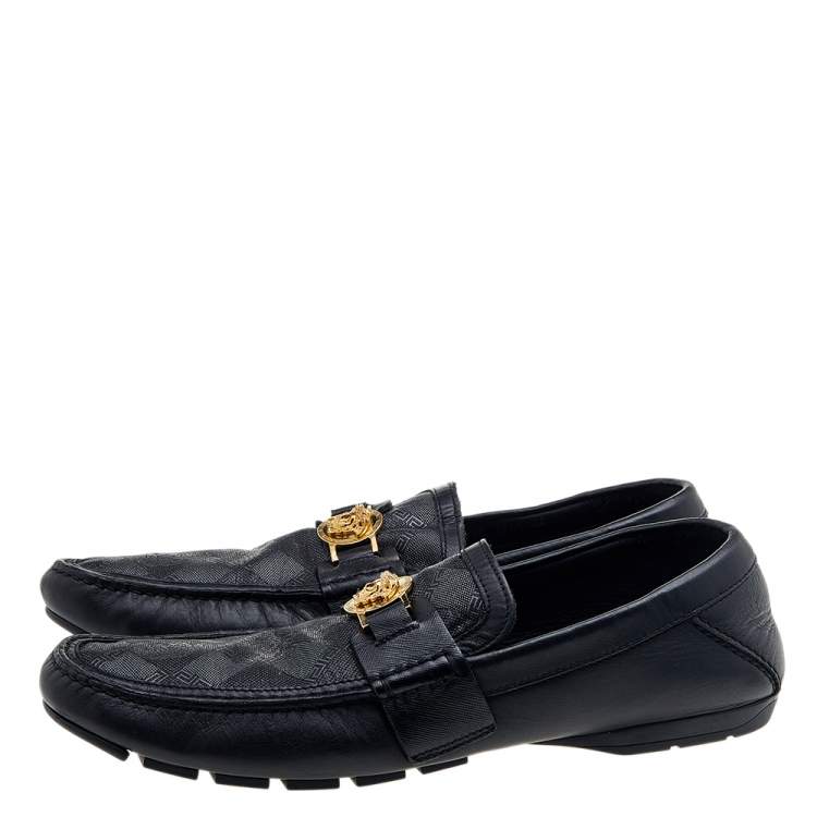 Pre Owned Versace Black Leather And Monogram Fabric Medusa Slip On Loafers Size 44