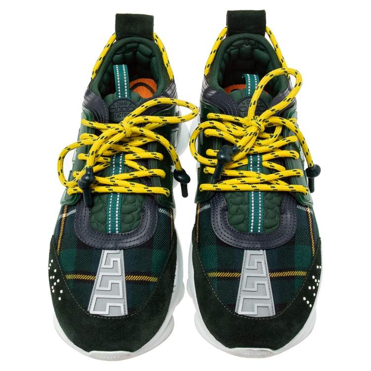 Pre Owned Versace Green Suede And Check Canvas Chain Reaction Sneakers Size 45