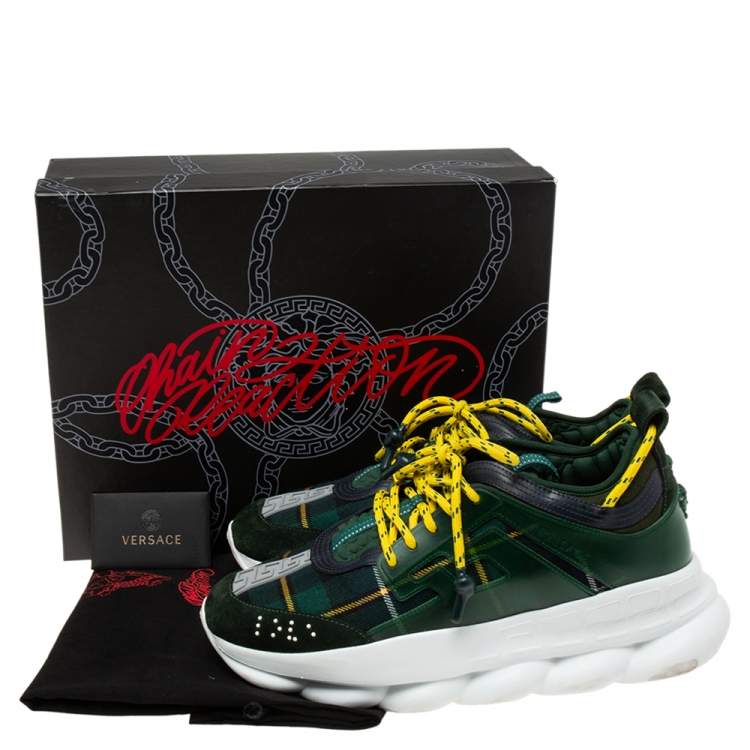 Pre Owned Versace Green Suede And Check Canvas Chain Reaction Sneakers Size 45