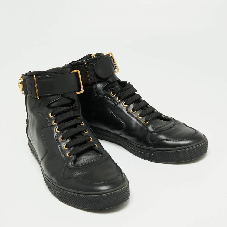 Pre Owned Versace Black Leather And Suede Medusa Strap High Top Sneakers Size 44