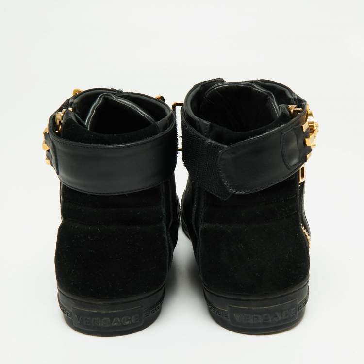 Pre Owned Versace Black Leather And Suede Medusa Strap High Top Sneakers Size 44