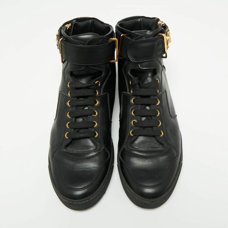 Pre Owned Versace Black Leather And Suede Medusa Strap High Top Sneakers Size 44