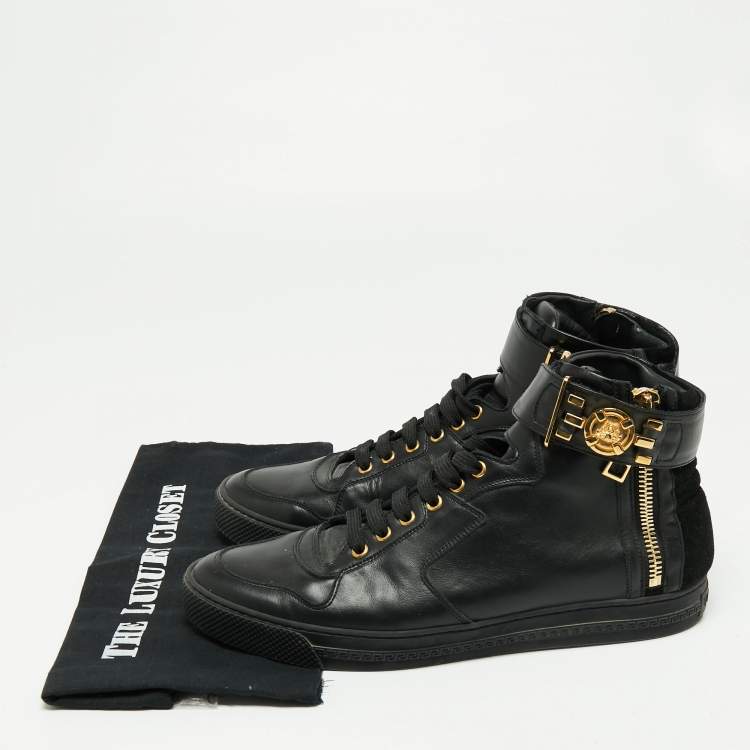 Pre Owned Versace Black Leather And Suede Medusa Strap High Top Sneakers Size 44