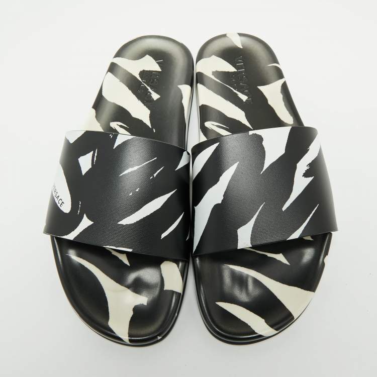 Pre Owned Versace  Black/White Rubber Print Slide Sandals Size 43