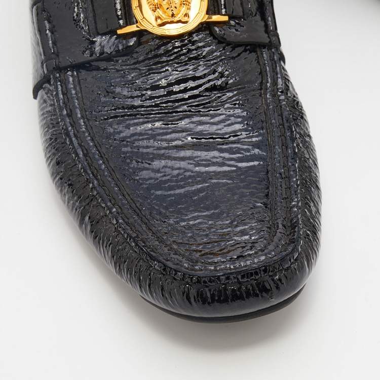 Pre Owned Versace Black Patent Leather Medusa Detail Slip On Loafers Size 43