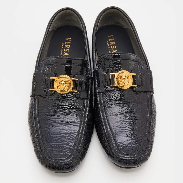Pre Owned Versace Black Patent Leather Medusa Detail Slip On Loafers Size 43