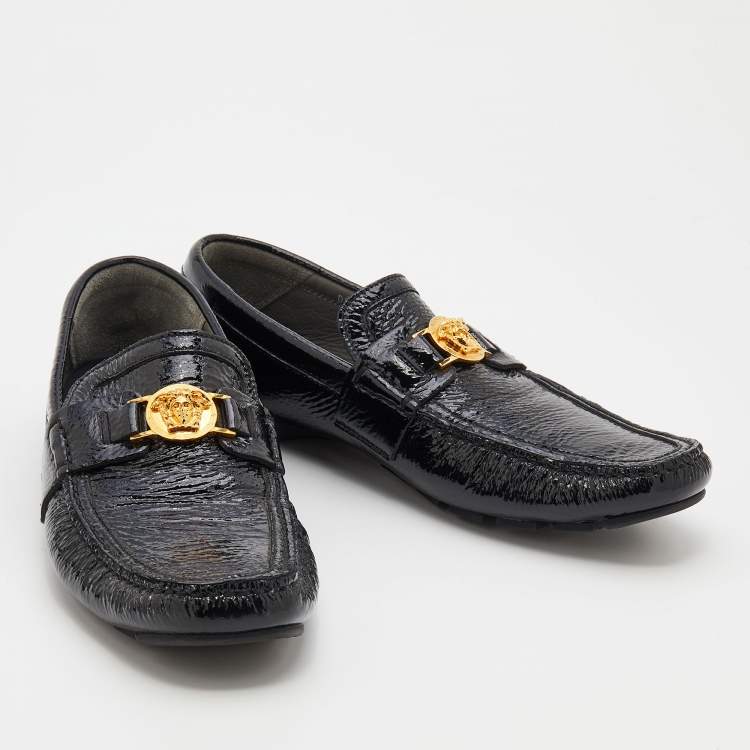 Pre Owned Versace Black Patent Leather Medusa Detail Slip On Loafers Size 43