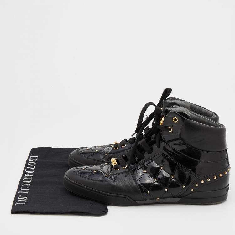 Pre Owned Versace Black Leather And Patent Leather Studded Medusa High Top Sneakers Size 46