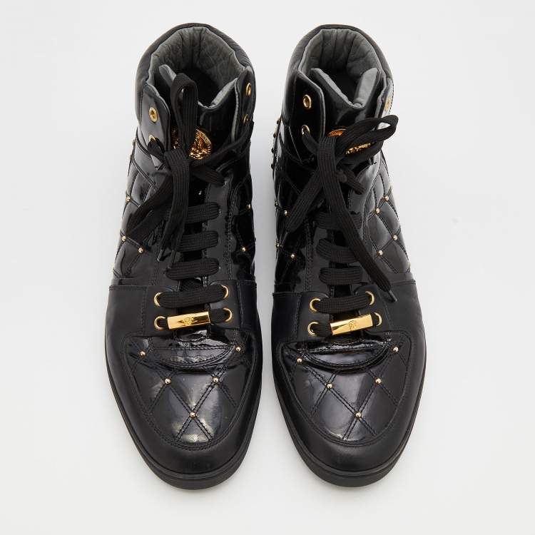 Pre Owned Versace Black Leather And Patent Leather Studded Medusa High Top Sneakers Size 46