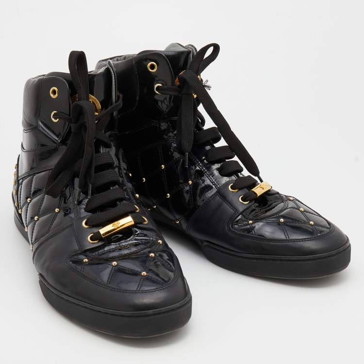 Pre Owned Versace Black Leather And Patent Leather Studded Medusa High Top Sneakers Size 46