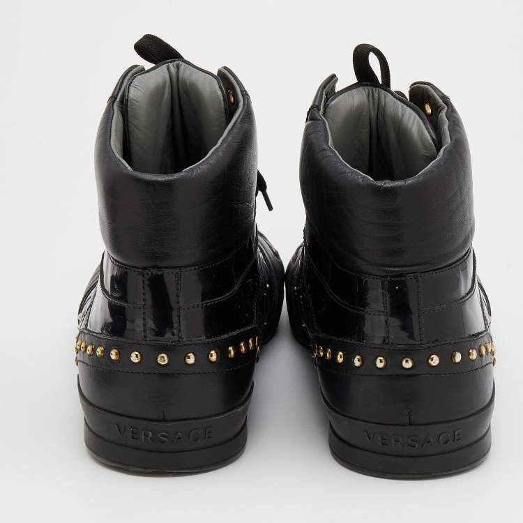 Pre Owned Versace Black Leather And Patent Leather Studded Medusa High Top Sneakers Size 46