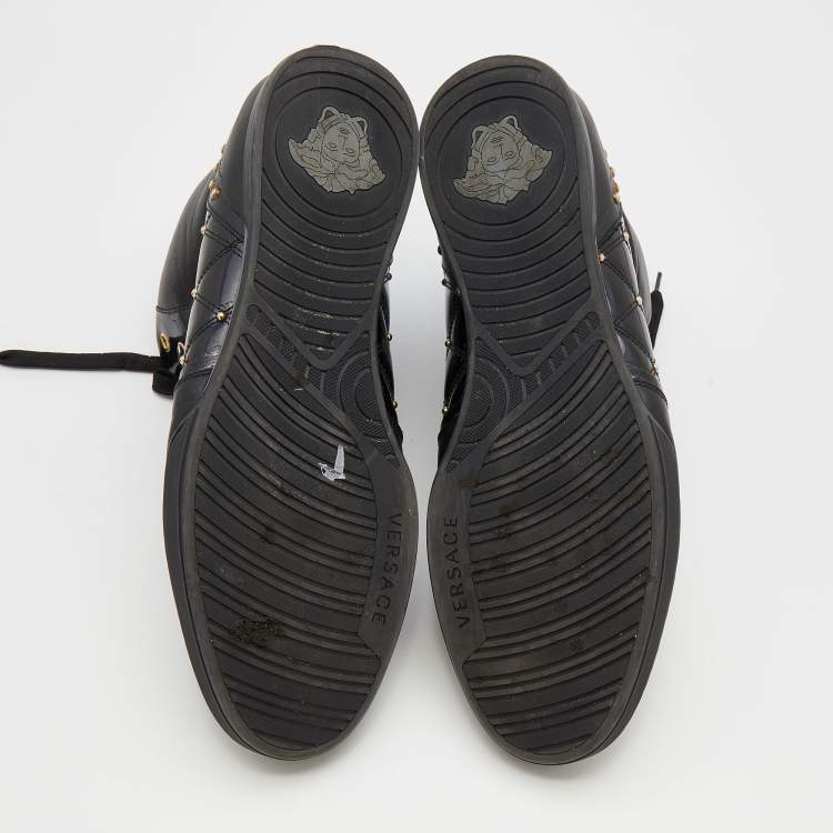Pre Owned Versace Black Leather And Patent Leather Studded Medusa High Top Sneakers Size 46