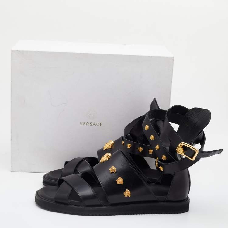 Pre Owned Versace Black Leather Medusa Gladiator Flat Sandals Size 44