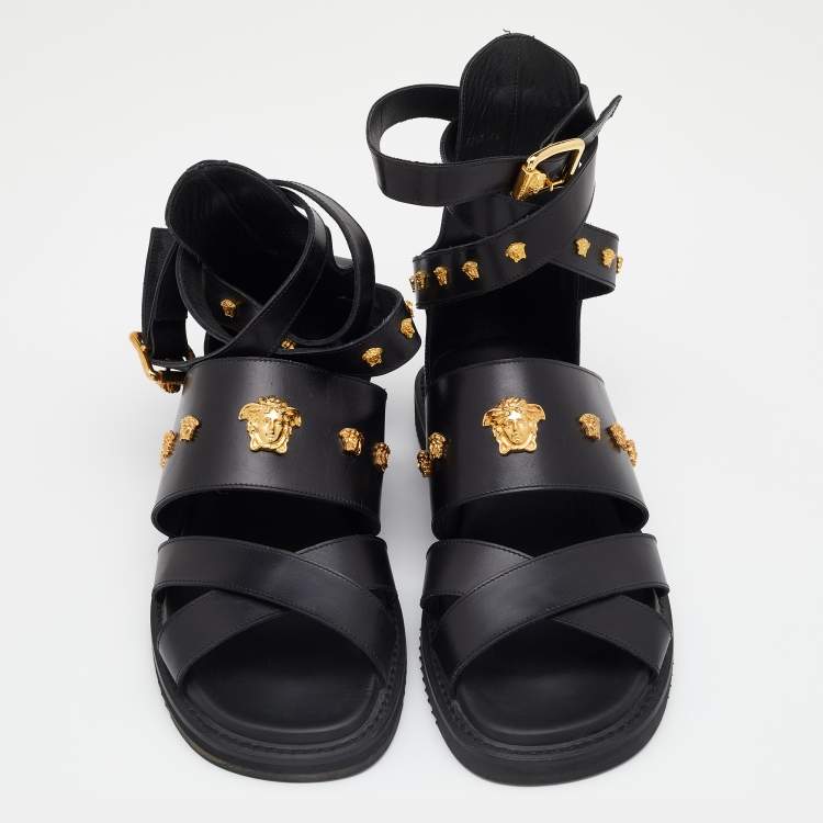 Pre Owned Versace Black Leather Medusa Gladiator Flat Sandals Size 44