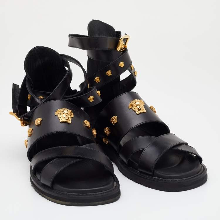 Pre Owned Versace Black Leather Medusa Gladiator Flat Sandals Size 44