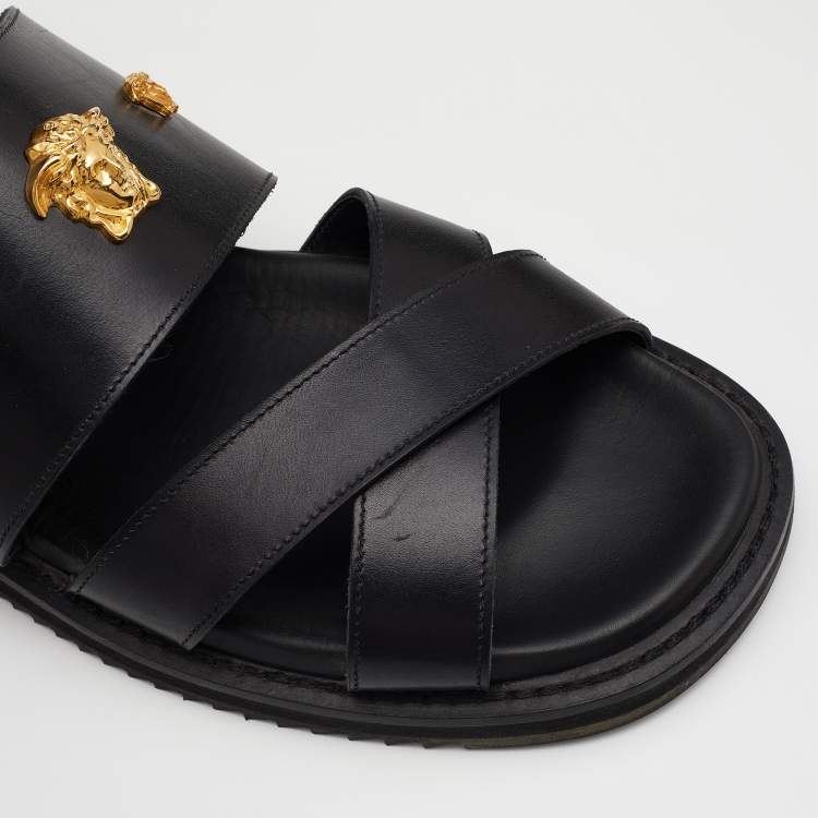 Pre Owned Versace Black Leather Medusa Gladiator Flat Sandals Size 44