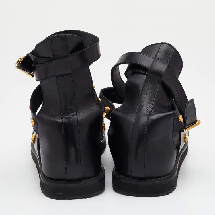 Pre Owned Versace Black Leather Medusa Gladiator Flat Sandals Size 44