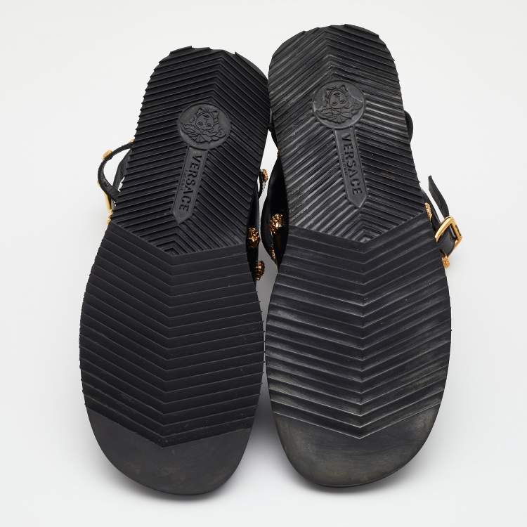 Pre Owned Versace Black Leather Medusa Gladiator Flat Sandals Size 44