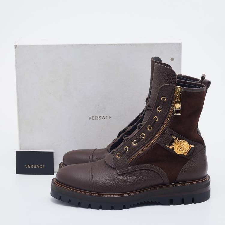 Pre Owned Versace Brown Leather And Suede Medusa Combat Boots Size 43