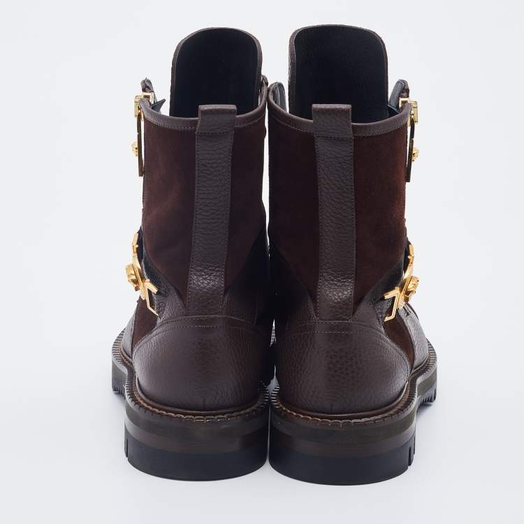 Pre Owned Versace Brown Leather And Suede Medusa Combat Boots Size 43