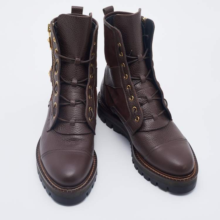 Pre Owned Versace Brown Leather And Suede Medusa Combat Boots Size 43