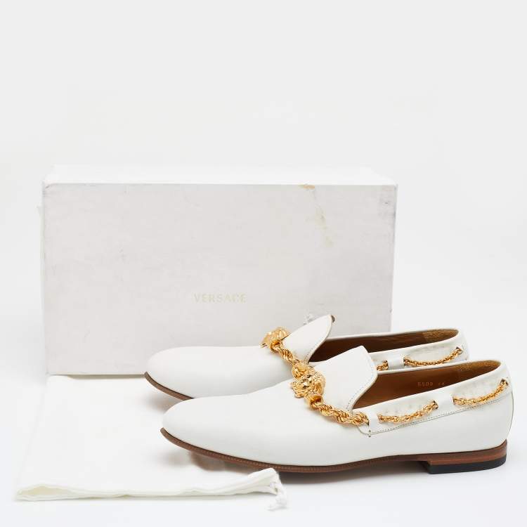 Pre Owned Versace White Leather Medusa Chain Link Smoking Slippers Size 44