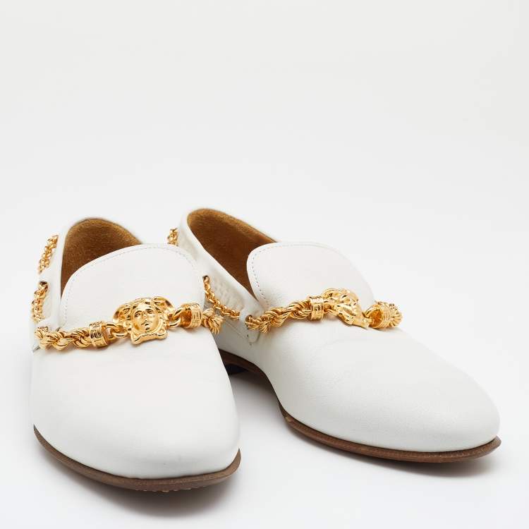 Pre Owned Versace White Leather Medusa Chain Link Smoking Slippers Size 44