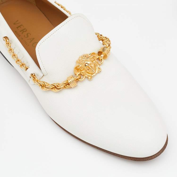 Pre Owned Versace White Leather Medusa Chain Link Smoking Slippers Size 44