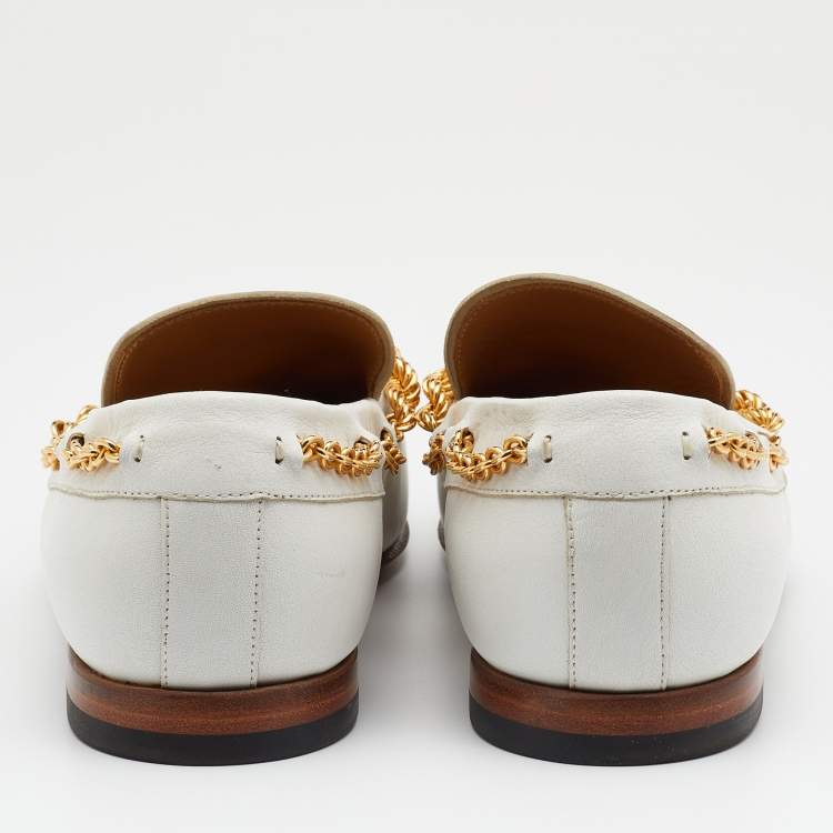 Pre Owned Versace White Leather Medusa Chain Link Smoking Slippers Size 44