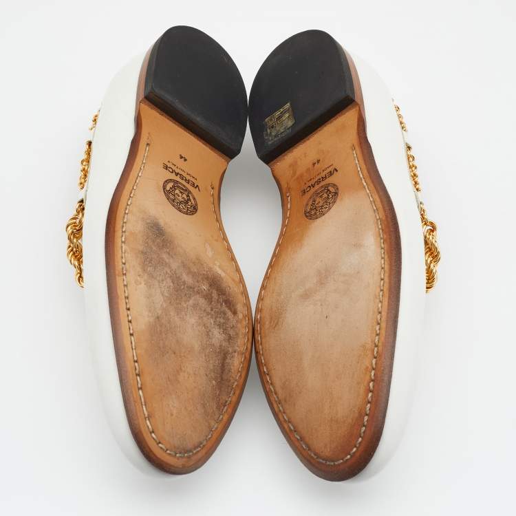 Pre Owned Versace White Leather Medusa Chain Link Smoking Slippers Size 44