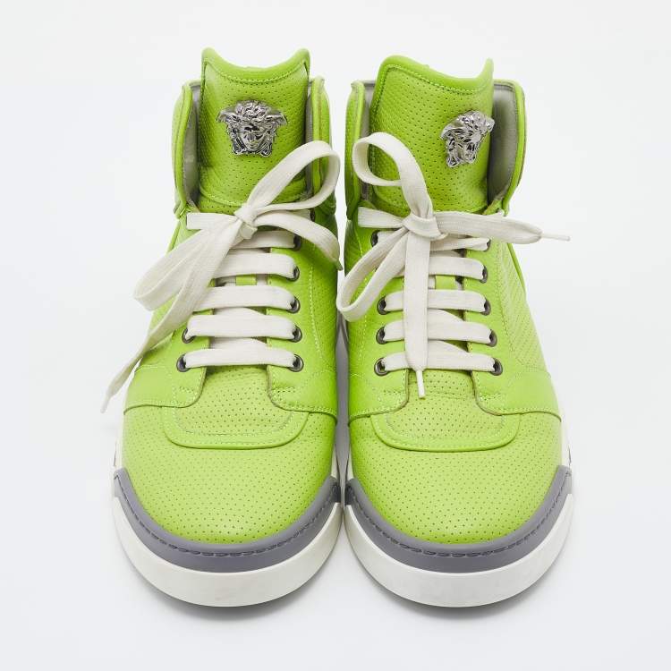Pre Owned Versace Green Perforated Leather Medusa High-top Sneakers Size 42