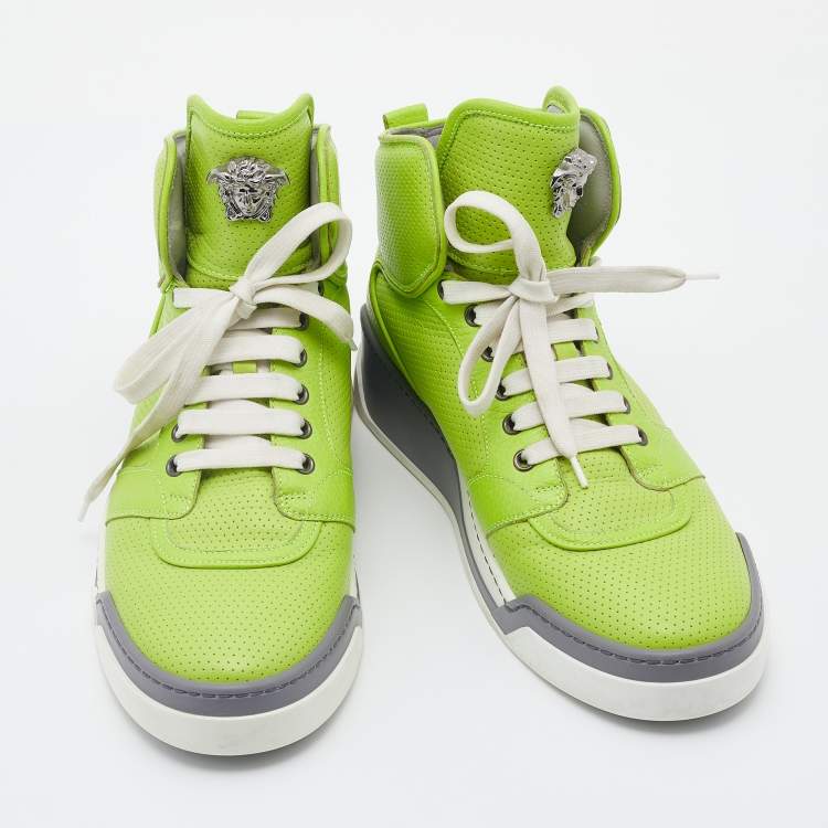 Pre Owned Versace Green Perforated Leather Medusa High-top Sneakers Size 42