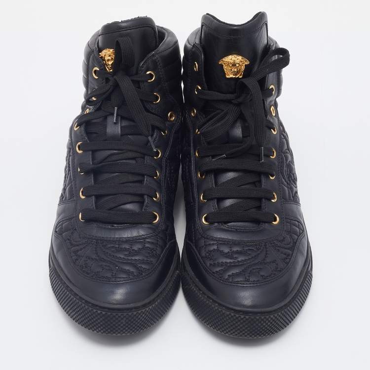 Pre Owned Versace Black Embroidered Leather Medusa High Top Sneakers Size 45